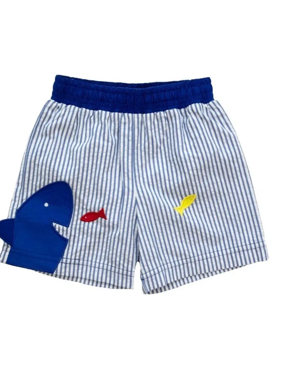 Florence Eiseman Blue & White Striped Shark Applique swim trunks. Size 6M EUC